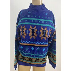 Vintage 80s Croquet Club Acrylic Knit Sweater Snowflake Fair Isle Bright Purple